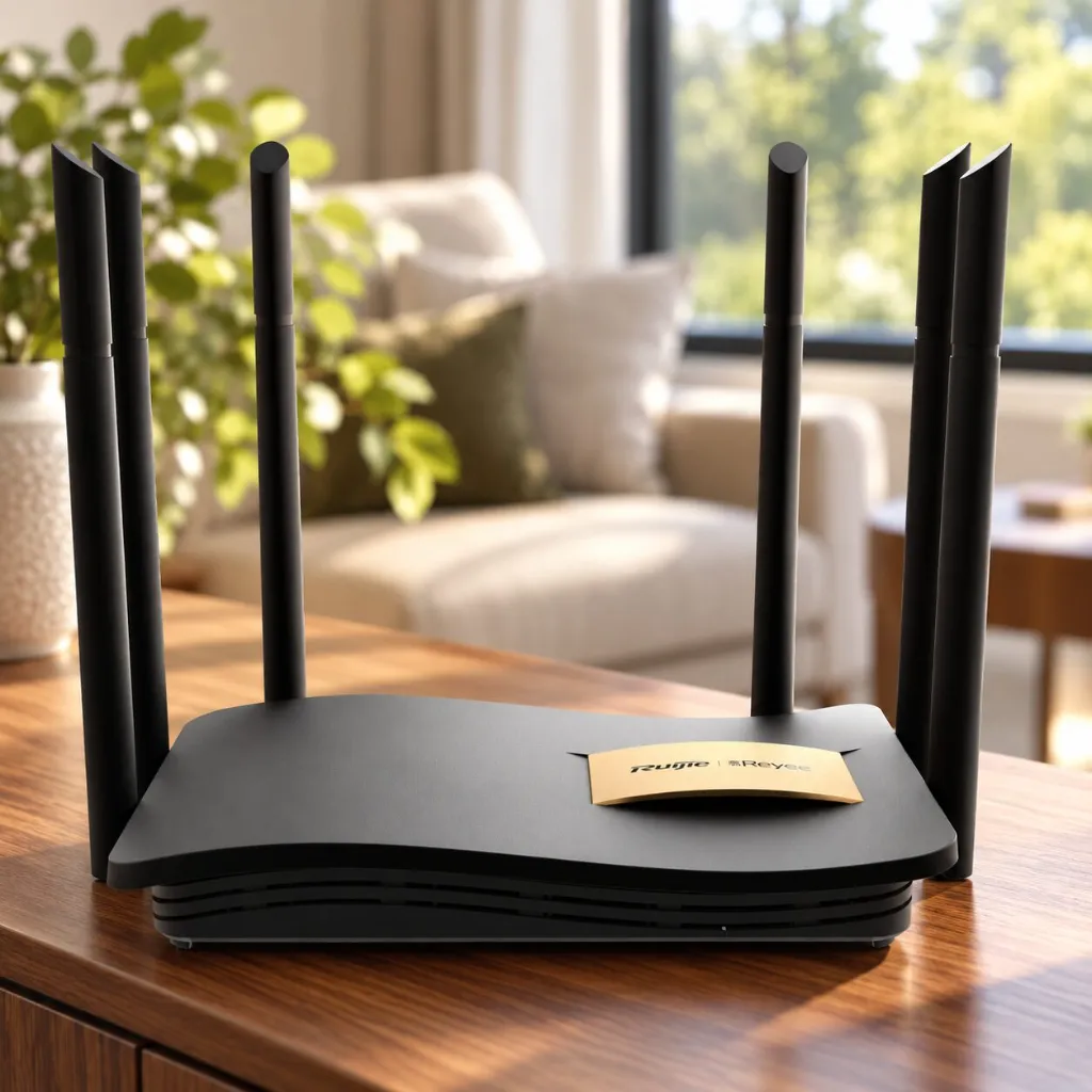 Router Ruijie Reyee RG-EW1200G-PRO sobre consola de madera en sala contemporánea; ilustración de uso.
